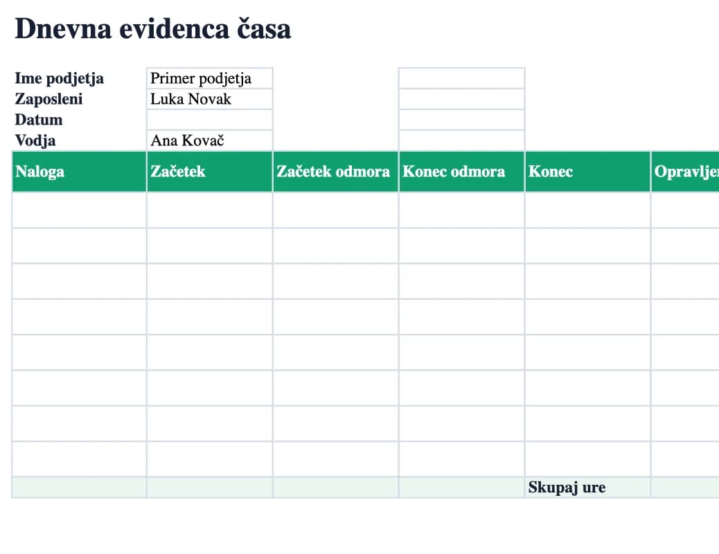 Excel predogled: Dnevna evidenca časa