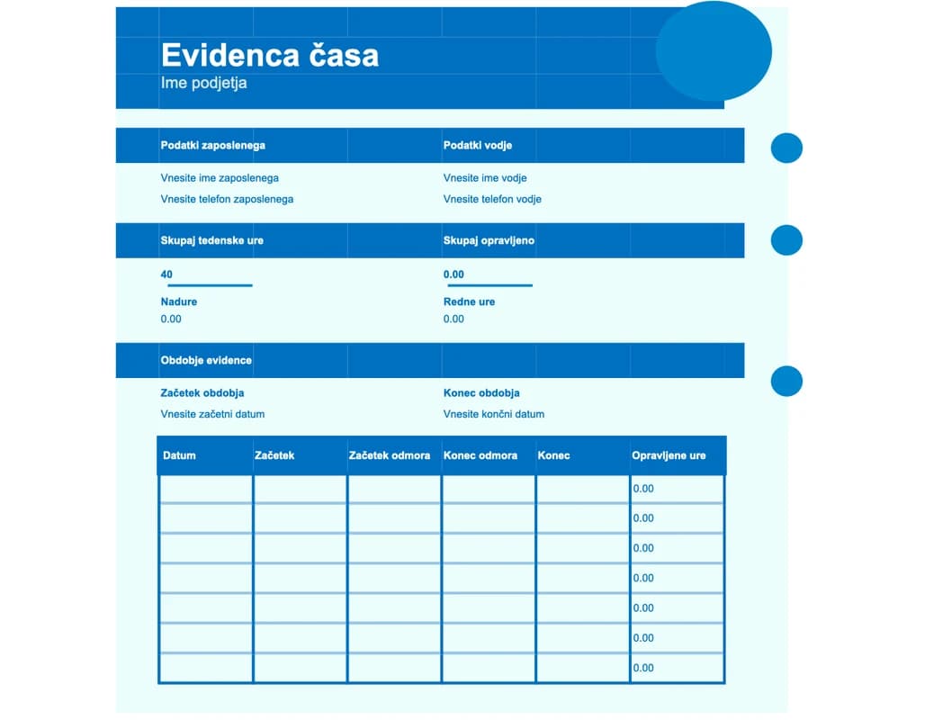Predogled enostavne Excel tabele za evidenco delovnega časa