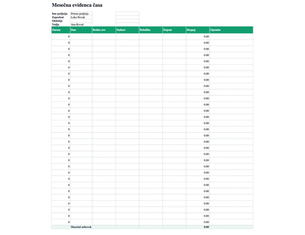Excel predogled: Mesečna evidenca časa