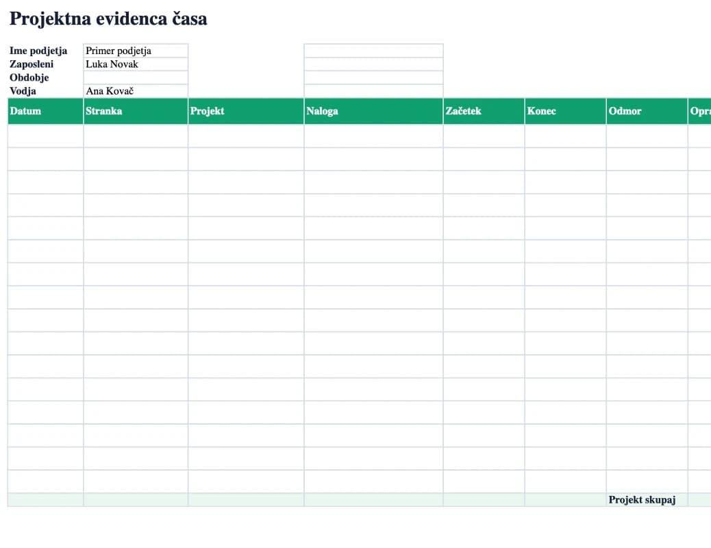 Excel predogled: Projektna evidenca časa