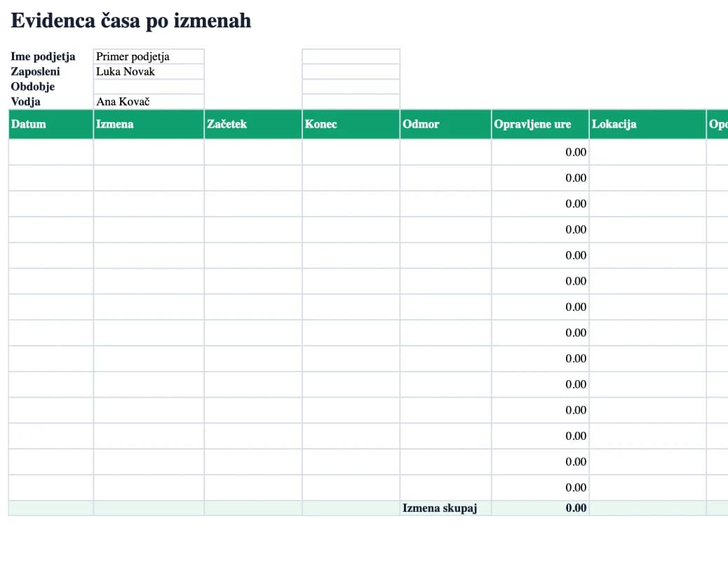 Excel predogled: Evidenca časa po izmenah
