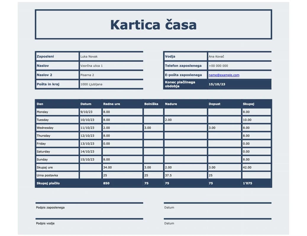 Predogled Excel kartice za prihode, odhode in odmore