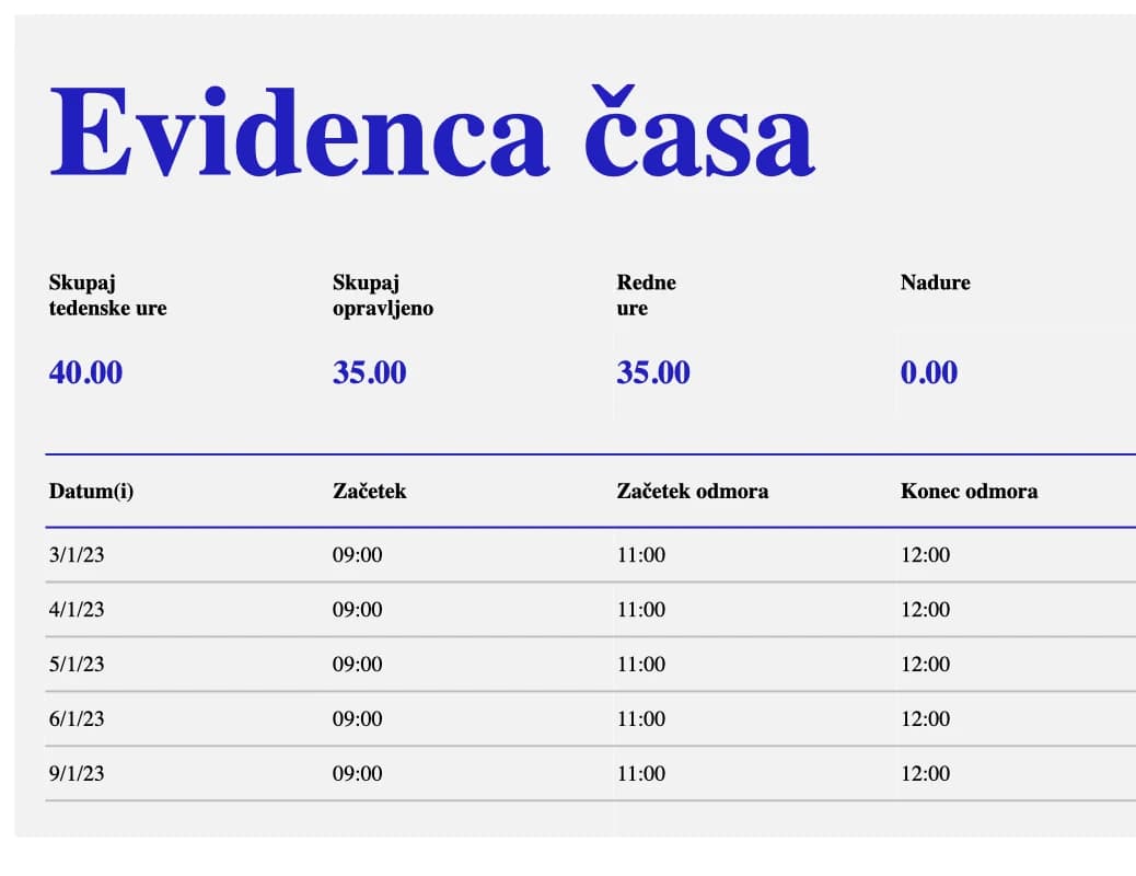 Predogled tedenske Excel predloge za evidenco delovnega časa