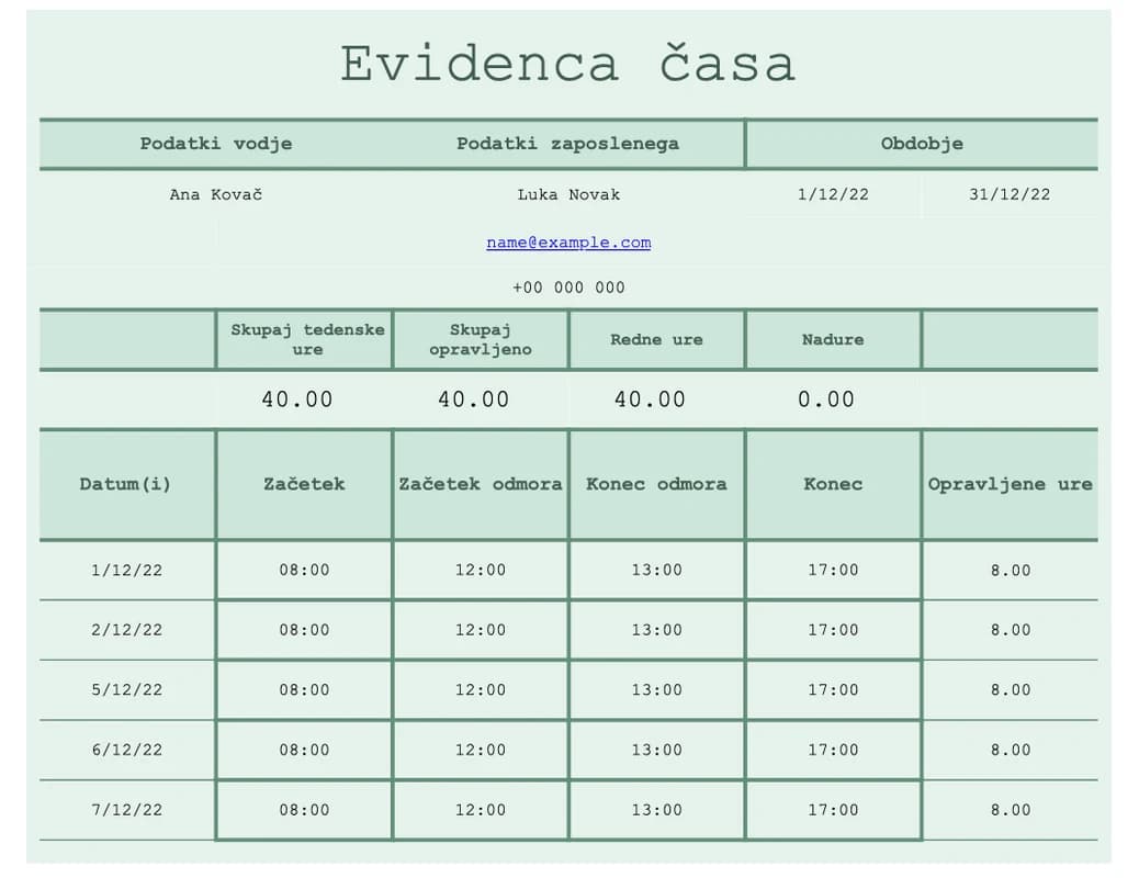 Predogled podrobne Excel evidence ur, nadur in projektov